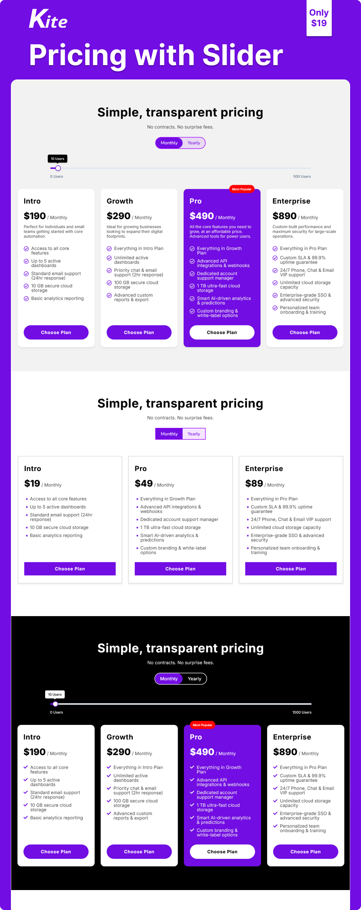 Pricing with Slider all styles.