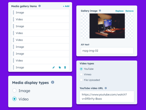 Media Types [Images:JPEG,PNG,GIF, Videos:YouTube,Viemo,HubSpot File]